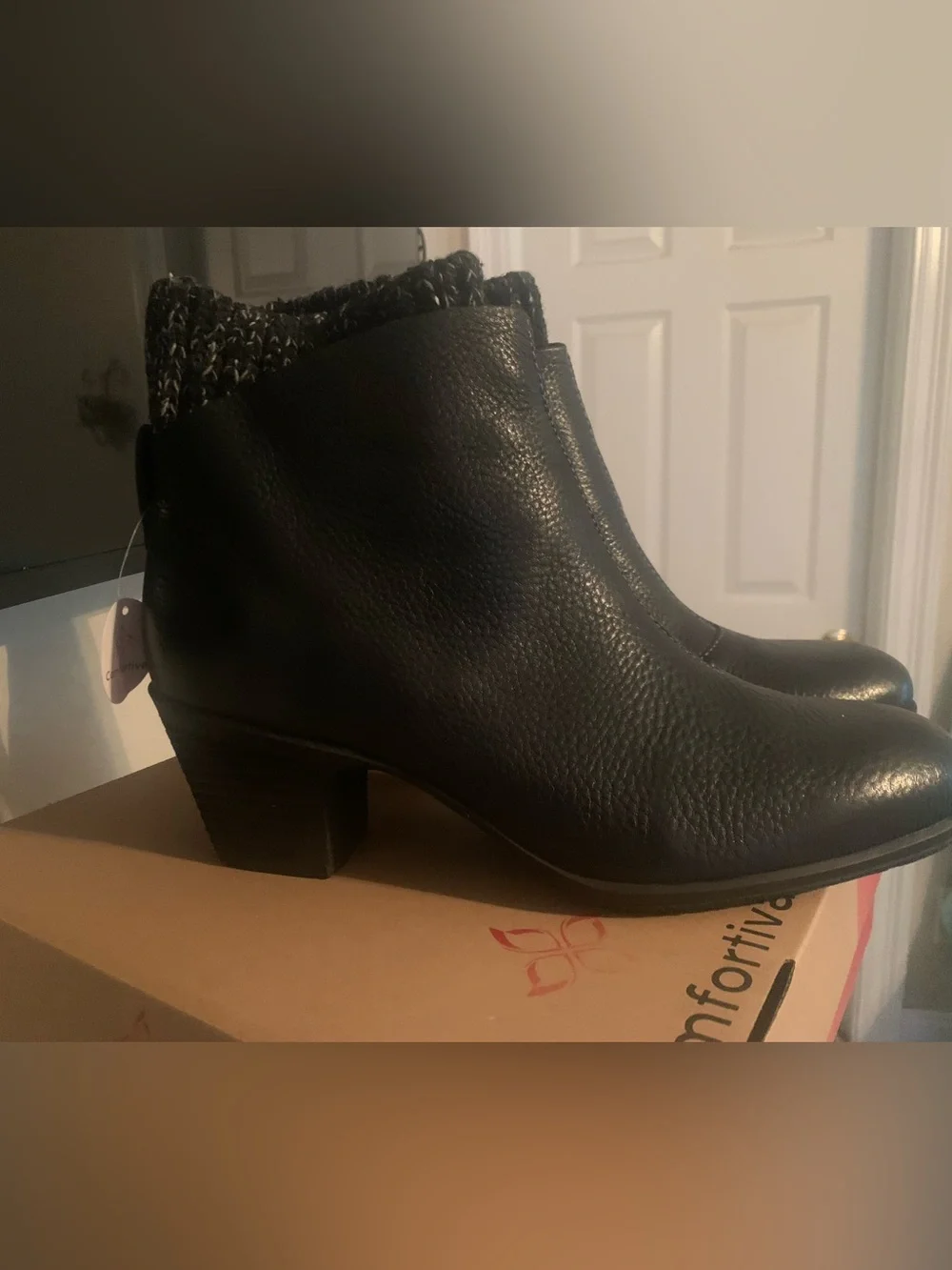 Comfortiva Black Leather Ankle Boot with Knit Collar